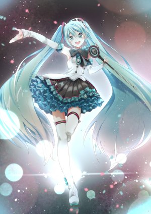 VOCALOID,魔法未来演唱会,初音ミク,衬衫,短裙,长发,双马尾,黑丝,single,全身,前发,视线正对,笑顔,结发,絶対領域,露肩,脸红,发饰