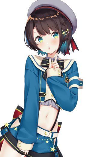 Vtuber,Hololive,大空スバル,hujinoyume,single,長身像,脸红,短发,碧眼,黑发,白背景,少女