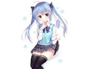 mitha,原创,青发,脸红,绿色眼,长发,学校制服,短裙,黑丝,双马尾,white,絶対領域