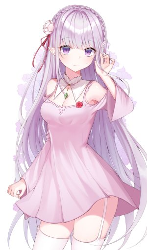 Emilia,从零开始的异世界生活,yeorem,前发,露肩,直刘海,三股辫,胸部,cleavage,连衣裙,发饰,巨乳,长发,长袖,视线正对,尖耳,紫色眼,缎带,rose,银发,笑顔,single,黑丝,白丝