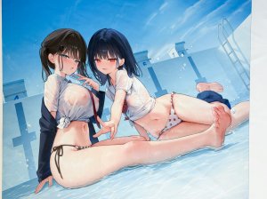 原创,mignon,水着,黑发,碧眼,脸红,breasts,发饰,长发,长袖,视线正对,露脐,開口,红色眼,衬衫,坐姿,笑顔,泳装,双马尾,湿身