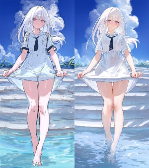 原创,mignon,脸红,breasts,连衣裙,长发,视线正对,露脐,開口,紫色眼,天空,single,湿身,白发
