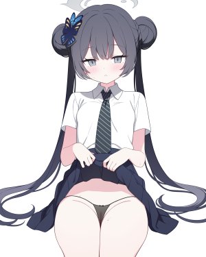 キサキ,蔚蓝档案,jyt,黑发,censored,双团子头,包子頭,发饰,光晕,长发,视线正对,胖次,衬衫,坐姿,短裙,掀裙,single,双马尾,下着,超长发,白背景