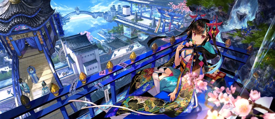 藤ちょこ 原创 黑发 连帽衫 和服 紫色眼 天空 黑丝