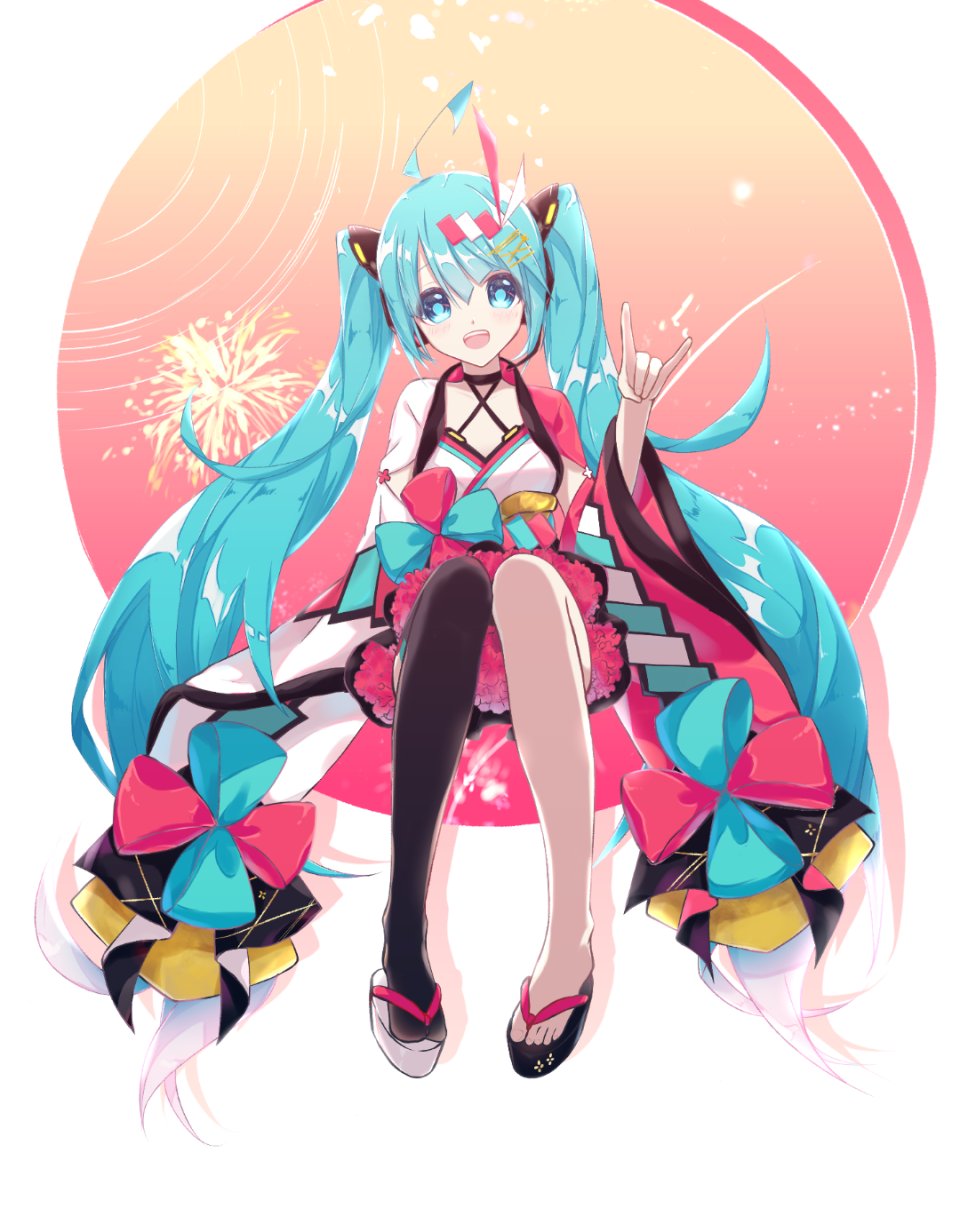 初音ミク VOCALOID Yokrio 呆毛 发饰 和服 长发 视线正对