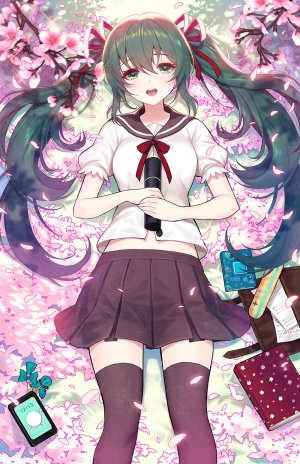 初音ミク,VOCALOID,kyundoo,前发,黑丝,脸红,樱花,绿色眼,绿发,holding,长发,横臥,迷你短裙,開いた口,花瓣,缎带,学校制服,水手服,衬衫,短裙,笑顔,single,双马尾,絶対領域