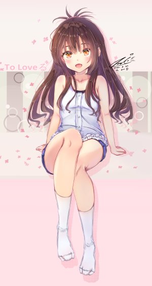 结城美柑,to_love-ru,teratsuki,前发,露肩,棕色眼,茶发,长发,開いた口,衬衫,坐姿,笑顔,single,白丝