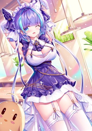 チェシャー,碧蓝航线,兽耳,碧眼,脸红,胸部,cleavage,连衣裙,吊带袜,巨乳,视线正对,闭只眼,紫发,缎带,笑顔,single,黑丝,白丝