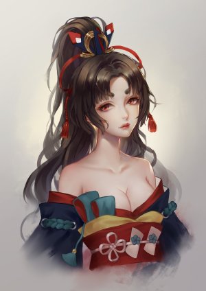 陰陽師,前发,露肩,黑发,胸部,棕色眼,cleavage,发饰,和服,长发,视线正对,オビ,马尾辫,貧乳,笑顔,single,结发,妖刀姬