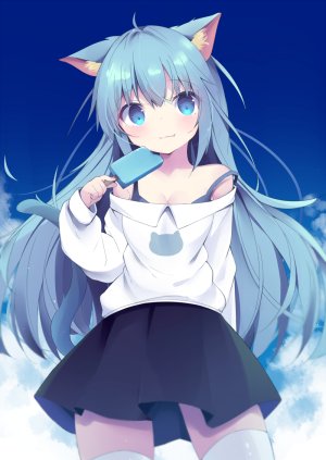 原创,兽耳,前发,露肩,碧眼,青发,胸部,猫耳,猫娘,猫尾,cleavage,holding,长发,衬衫,短裙,天空,貧乳,笑顔,single,黑丝,白丝