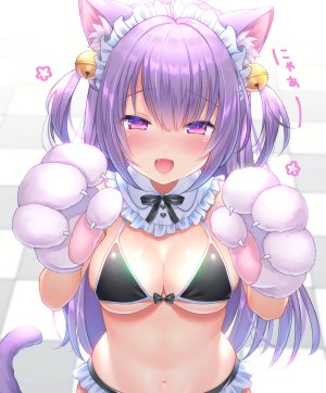 原创,ゆゆこ,呆毛,兽耳,铃,水着,胸部,猫耳,猫娘,猫尾,cleavage,手套,巨乳,长发,视线正对,露脐,開いた口,紫发,笑顔,single,泳装