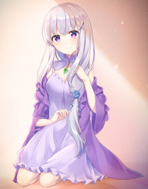 从零开始的异世界生活,Emilia,nemu_mohu,长发,single,長身像,脸红,视线正对,胸部,前发,笑顔,紫色眼,cleavage,银发,全身,尖耳