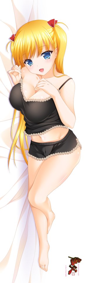 秋月愛莉,oni_chichi,きのはらひかる,金发,碧眼,脸红,breasts,cleavage,全身,长发,视线正对,横臥,露脐,開口,缎带,笑顔,single,双马尾,超长发