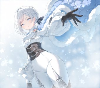 アーケシュフース城,oshiro_project:re,Snow_is_,碧眼,Bodysuit,三股辫,breasts,手套,灰发,发饰,长袖,视线正对,衬衫,single