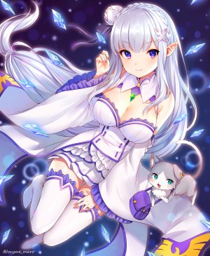 Emilia,パック,从零开始的异世界生活,麻呂太,前发,露肩,脸红,三股辫,胸部,cleavage,连衣裙,绿色眼,发饰,巨乳,长发,长袖,视线正对,迷你短裙,開いた口,尖耳,紫色眼,缎带,rose,银发,短裙,笑顔,single,黑丝