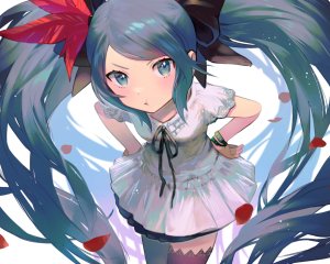 ito_taera,初音ミク,VOCALOID,连衣裙,长发,花瓣,黑丝,双马尾,cropped