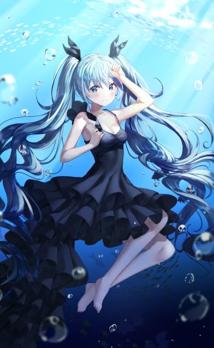 初音ミク,深海少女,VOCALOID,ruda_e,动物,露肩,裸足,碧眼,青发,脸红,胸部,泡泡,连衣裙,全身,长发,视线正对,貧乳,single,双马尾