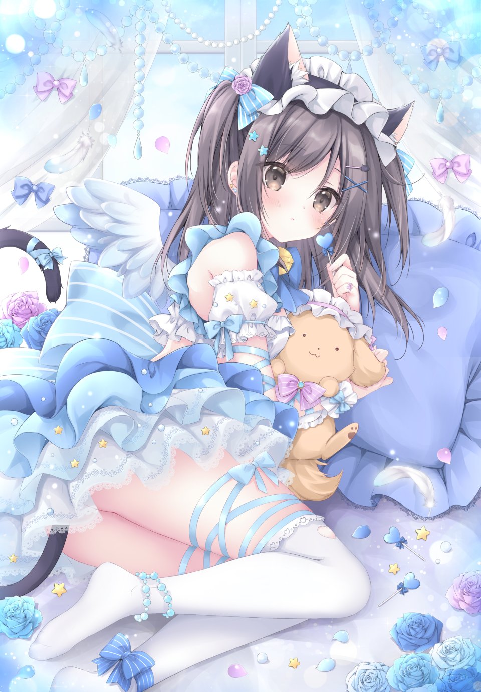 原创 梱枝りこ 兽耳 铃 黑发 脸红 棕色眼 猫耳