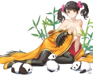 songdaesic,ling_xiaoyu,鉄拳,动物,黑发,胸部,棕色眼,汉服,No-Bra,熊猫,双马尾,脱衣,watermark