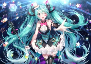 VOCALOID,魔法未来演唱会,初音ミク,風彧（キティー）,single,视线正对,highres,開いた口,双马尾,闭只眼,少女,黑丝,手套