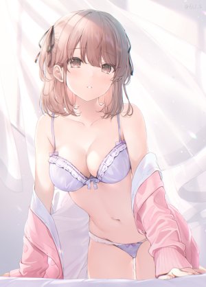 原创,6U☆,露肩,bra,胸部,棕色眼,茶发,cleavage,长袖,视线正对,横乳,露脐,胖次,缎带,single,下着