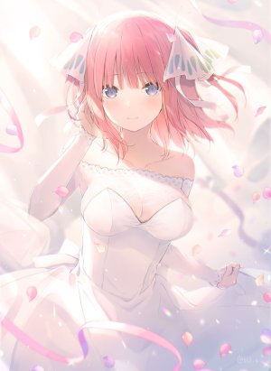 中野二乃,五等分の花嫁,6U☆,前发,碧眼,脸红,胸部,cleavage,连衣裙,长袖,横乳,花瓣,缎带,笑顔,single