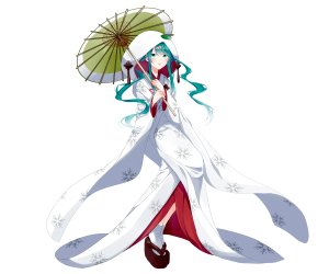 初音ミク,雪ミク,VOCALOID,mizuamemochimochi,全身,holding,和服,leaf,长发,视线正对,single,双马尾,雨伞,白背景,雪ミク2013