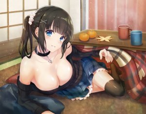 阿月唯,原创,黑发,碧眼,胸部,项圈,cleavage,马尾辫,短裙,黑丝,絶対領域,cropped