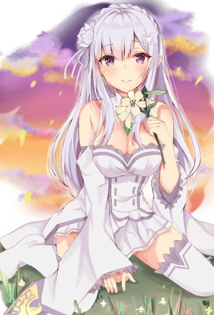 Emilia,从零开始的异世界生活,ながタコス,前发,三股辫,胸部,cleavage,发饰,holding,长发,长袖,视线正对,横乳,迷你短裙,尖耳,紫色眼,缎带,银发,坐姿,短裙,single,黑丝,絶対領域