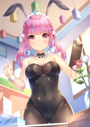 湊あくあ,Hololive,chahei,呆毛,兽耳,露肩,三股辫,胸部,兔耳,cleavage,发饰,holding,巨乳,长发,视线正对,黑丝,粉发,rose,笑顔,single,双马尾,Vtuber,女服务生