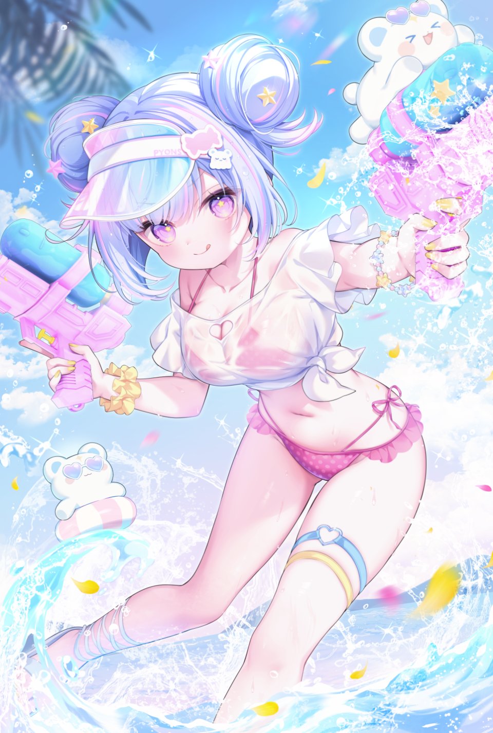 Hoshifuru_Ameru 独立虚拟YouTuber 小町ぽち 水着 青发 脸红 Breasts Cleavage