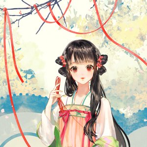 原创,say_hana,前发,黑发,汉服,发饰,长发,长袖,视线正对,红色眼,缎带,笑顔,single