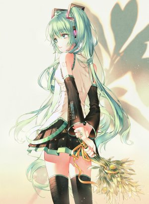 初音ミク,VOCALOID,kechi,露肩,黑丝,碧眼,青发,花束,胸部,holding,leaf,长发,横乳,缎带,阴影,衬衫,短裙,single,tattoo,双马尾,絶対領域