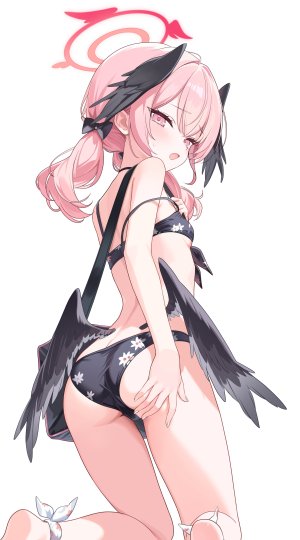下江コハル,蔚蓝档案,北乃ゆきと,水着,脸红,breasts,光晕,跪姿,视线正对,回头看,粉发,single,泳装,双马尾,翅膀