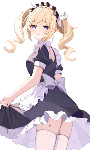 原神,芭芭拉,kenomotsu_yukuwa,single,长发,長身像,视线正对,碧眼,金发,白背景,双马尾,女仆,少女,丝袜,制服,白丝
