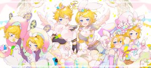 鏡音レン,鏡音リン,VOCALOID,oyamada_gamata,动物,前发,露肩,金发,碧眼,脸红,兔子,连衣裙,手套,发饰,holding,视线正对,闭只眼,開いた口,学校制服,衬衫,短发,笑顔,翅膀