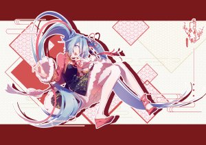 sourxuan,初音ミク,VOCALOID,汉服,连衣裙,长发,黑丝,双马尾