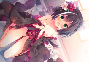 izumiyuhina,kyaru,公主连结！,兽耳,黑发,脸红,露胸,猫娘,绿色眼,和服,长发,nipples,No-Bra,nopan,泰迪熊