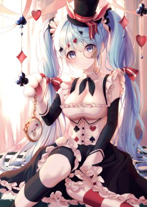 爱丽丝梦游仙境,VOCALOID,初音ミク,ホワイト・ラビット,bbeedol,长发,single,長身像,脸红,视线正对,前发,胸部,双马尾,坐姿,holding,兽耳,cleavage