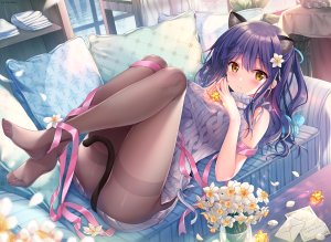 Sousouman,七海優乃,原创,兽耳,脸红,胸部,猫娘,连衣裙,长发,黑丝,花瓣,紫发,缎带,黄色眼,aliasing,watermark