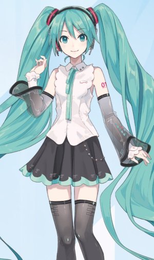 初音ミク,piapro,VOCALOID,ixima,露肩,黑丝,发饰,长发,视线正对,迷你短裙,衬衫,短裙,single,tattoo,双马尾,超长发,絶対領域