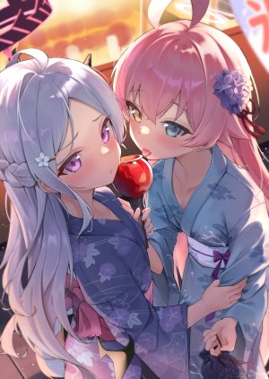 kuroliu_9021,日奈,小鸟游星野,蔚蓝档案,呆毛,breasts,恶魔娘,发饰,光晕,和服,长发,视线正对,粉发,紫色眼,白发,翅膀,浴衣