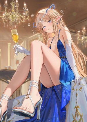 鸣潮,卡提希娅,儒宅,露肩,金发,碧眼,breasts,泡泡,连衣裙,長手袋,手套,holding,长发,视线正对,项链,尖耳,坐姿,single,超长发,裸足