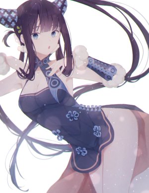 杨贵妃,Fate/GrandOrder,Fate系列,梅子,前发,露肩,碧眼,直刘海,胸部,汉服,cleavage,连衣裙,发饰,巨乳,长发,视线正对,開いた口,紫发,single,双马尾,白背景