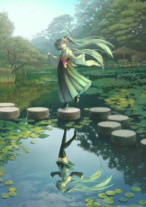 初音ミク,VOCALOID,黑丝,发饰,和服,视线正对,短裙