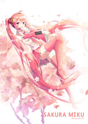 初音ミク,桜ミク,VOCALOID,seero,呆毛,前发,脸红,全身,长发,长袖,视线正对,開いた口,红色眼,衬衫,短裙,笑顔,single,黑丝,双马尾