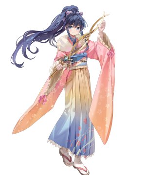 火焰之纹章,fire_emblem_heroes,fire_emblem:_the_sacred_stones,館田ダン,黑发,三股辫,全身,holding,和服,长发,视线正对,马尾辫,缎带,笑顔,single,剑,超长发,weapon