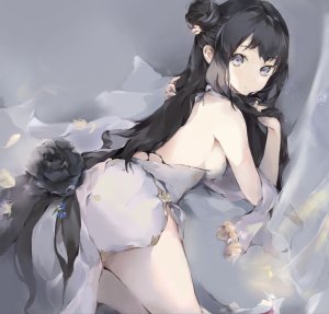 原创,hanagin,前发,露肩,黑发,胸部,连衣裙,包子头,长发,视线正对,回头看,横臥,横乳,rose,single