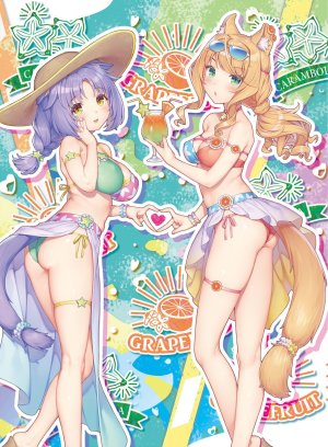 枫,ネコぱら,sayori,水着,金发,三股辫,breasts,猫娘,猫尾,開口,紫发,笑顔,泳装