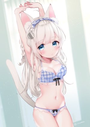 原创,maeha,兽耳,露肩,碧眼,脸红,bra,胸部,猫耳,猫娘,猫尾,cleavage,发饰,长发,视线正对,横乳,露脐,胖次,银发,single,下着